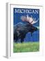 Michigan - Moose at Night-Lantern Press-Framed Art Print