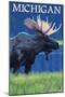 Michigan - Moose at Night-Lantern Press-Mounted Art Print