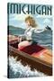 Michigan - Pinup Girl Boating-Lantern Press-Stretched Canvas