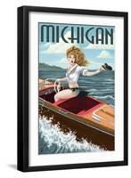 Michigan - Pinup Girl Boating-Lantern Press-Framed Art Print