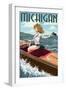 Michigan - Pinup Girl Boating-Lantern Press-Framed Art Print