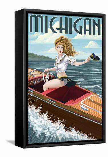 Michigan - Pinup Girl Boating-Lantern Press-Framed Stretched Canvas