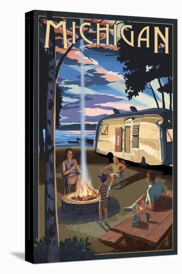 Michigan - Retro Camper and Lake-Lantern Press-Stretched Canvas