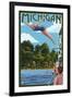 Michigan - Woman Diving and Lake-Lantern Press-Framed Art Print