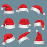 Realistic Christmas Santa Claus Red Hats Isolated Vector Set. Santa Claus Cap to Xmas Holiday Celeb-MicroOne-Art Print