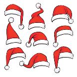 Realistic Christmas Santa Claus Red Hats Isolated Vector Set. Santa Claus Cap to Xmas Holiday Celeb-MicroOne-Art Print