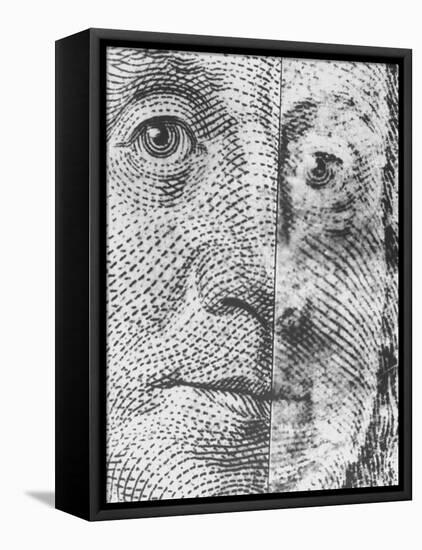 Microscopic Photo of Real $100 Bill and Fake One-null-Framed Stretched Canvas