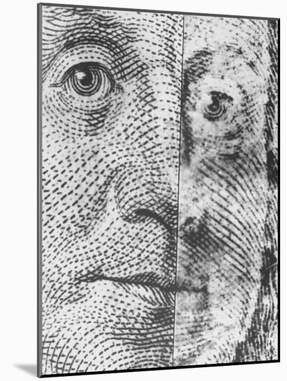 Microscopic Photo of Real $100 Bill and Fake One-null-Mounted Photographic Print