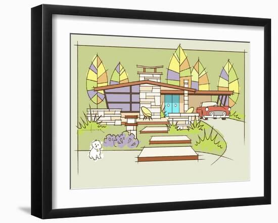 Mid-Century House #2 T-Bird White Dog-Larry Hunter-Framed Giclee Print