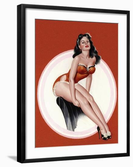 Mid-Century Pin-Ups - Eyeful Magazine - Brunette in a Red Bathing suit-Peter Driben-Framed Art Print