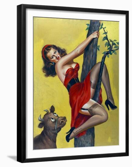 Mid-Century Pin-Ups - Moo - Up a tree-Peter Driben-Framed Art Print