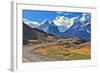 Midday Landscape in the National Park Torres Del Paine; Chile. the Gravel Road is Bent between Yell-kavram-Framed Photographic Print