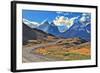 Midday Landscape in the National Park Torres Del Paine; Chile. the Gravel Road is Bent between Yell-kavram-Framed Photographic Print