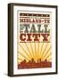 Midland, Texas - Skyline and Sunburst Screenprint Style-Lantern Press-Framed Art Print