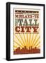 Midland, Texas - Skyline and Sunburst Screenprint Style-Lantern Press-Framed Art Print