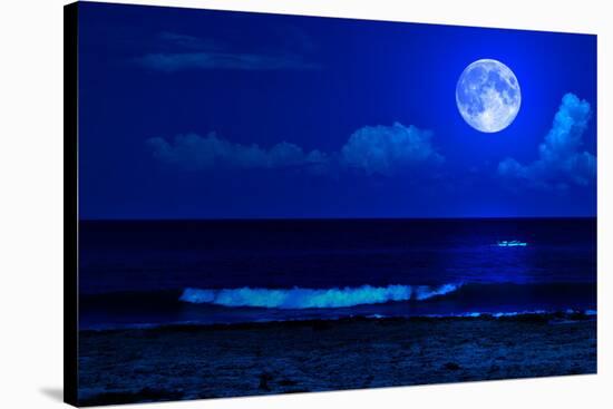 Midnight Sea Landscape with a Full Moon and Waves Breaking on the Beach-Kamira-Stretched Canvas