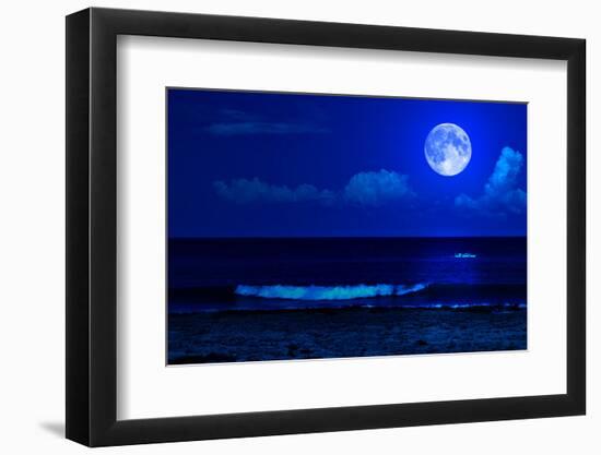 Midnight Sea Landscape with a Full Moon and Waves Breaking on the Beach-Kamira-Framed Photographic Print