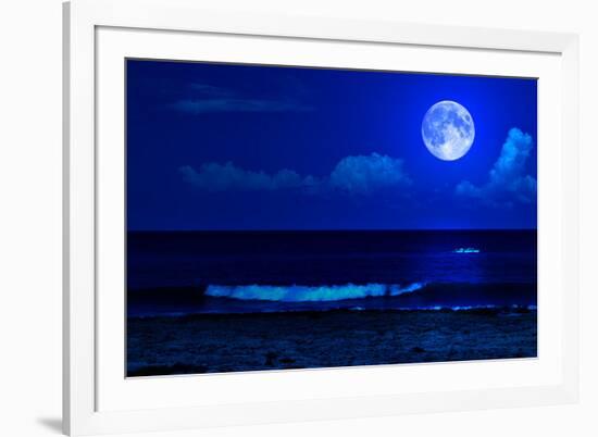 Midnight Sea Landscape with a Full Moon and Waves Breaking on the Beach-Kamira-Framed Photographic Print