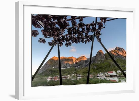 Midnight Sun on Dried Fish Framed by Fishing Village and Peaks, Reine, Nordland County-Roberto Moiola-Framed Photographic Print