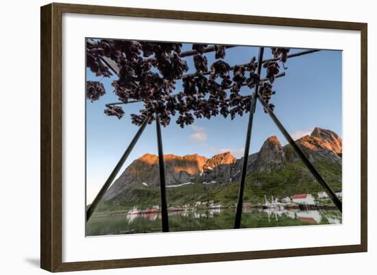 Midnight Sun on Dried Fish Framed by Fishing Village and Peaks, Reine, Nordland County-Roberto Moiola-Framed Photographic Print