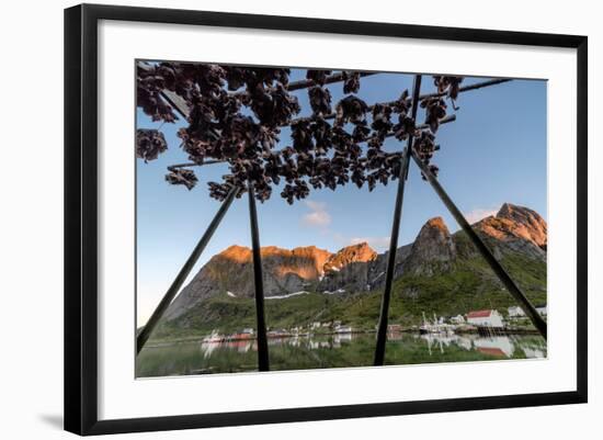 Midnight Sun on Dried Fish Framed by Fishing Village and Peaks, Reine, Nordland County-Roberto Moiola-Framed Photographic Print