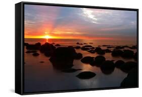 Midsummer sunset over The Wash from the beach at Hunstanton, north Norfolk-Geraint Tellem-Framed Stretched Canvas