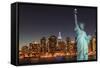 Midtown Manhattan Skyline and the Statue of Liberty at Night, New York City-Zigi-Framed Stretched Canvas