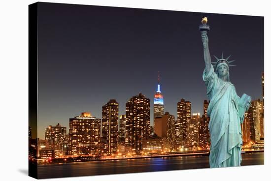 Midtown Manhattan Skyline and the Statue of Liberty at Night, New York City-Zigi-Stretched Canvas