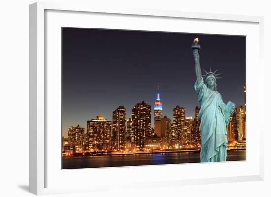 Midtown Manhattan Skyline and the Statue of Liberty at Night, New York City-Zigi-Framed Photographic Print