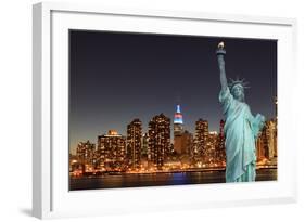 Midtown Manhattan Skyline and the Statue of Liberty at Night, New York City-Zigi-Framed Photographic Print