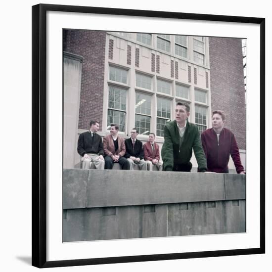 Midwest College Men's Fashion: Zipper Jackets Worn over Button Down Shirts with Sweater Vests, 1954-Nina Leen-Framed Photographic Print