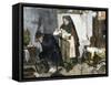 Midwife Showing new Baby to Father Whose Wife Has Died in Childbirth-null-Framed Stretched Canvas