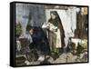 Midwife Showing new Baby to Father Whose Wife Has Died in Childbirth-null-Framed Stretched Canvas