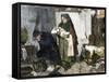 Midwife Showing new Baby to Father Whose Wife Has Died in Childbirth-null-Framed Stretched Canvas