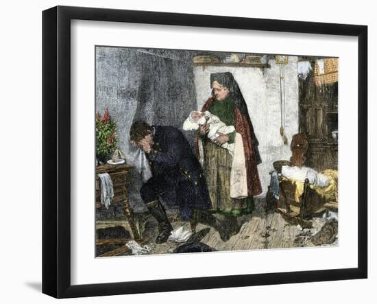 Midwife Showing new Baby to Father Whose Wife Has Died in Childbirth-null-Framed Giclee Print