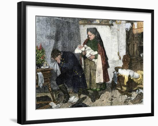 Midwife Showing new Baby to Father Whose Wife Has Died in Childbirth-null-Framed Giclee Print