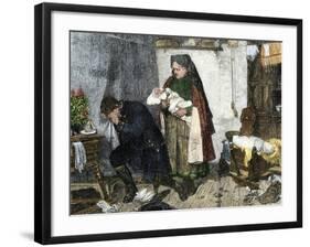 Midwife Showing new Baby to Father Whose Wife Has Died in Childbirth-null-Framed Giclee Print