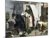 Midwife Showing new Baby to Father Whose Wife Has Died in Childbirth-null-Mounted Giclee Print