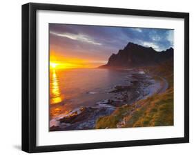 Mightnight Sun over Dramatic Coastal Landscape, Vikten, Flakstadsoya, Lofoten, Norway-Doug Pearson-Framed Premium Photographic Print