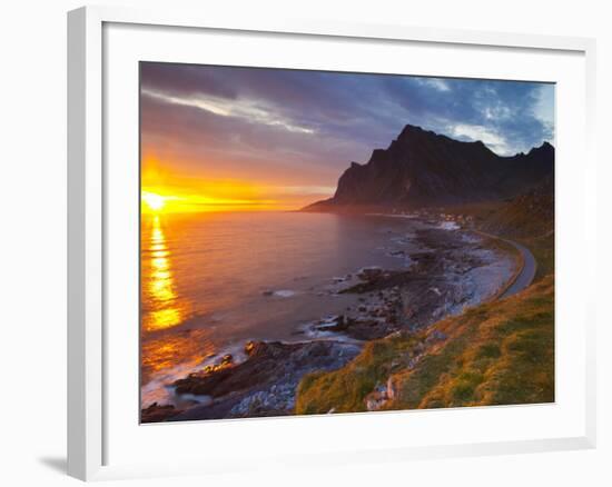 Mightnight Sun over Dramatic Coastal Landscape, Vikten, Flakstadsoya, Lofoten, Norway-Doug Pearson-Framed Photographic Print