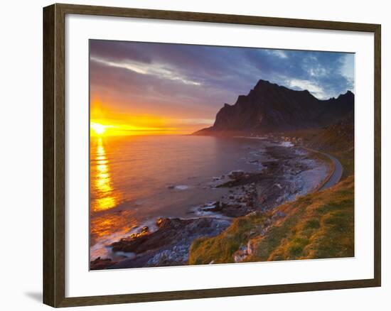 Mightnight Sun over Dramatic Coastal Landscape, Vikten, Flakstadsoya, Lofoten, Norway-Doug Pearson-Framed Photographic Print