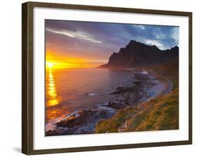 Mightnight Sun over Dramatic Coastal Landscape, Vikten, Flakstadsoya, Lofoten, Norway-Doug Pearson-Framed Photographic Print