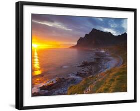 Mightnight Sun over Dramatic Coastal Landscape, Vikten, Flakstadsoya, Lofoten, Norway-Doug Pearson-Framed Photographic Print