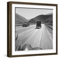 Migrants' Old Car Travels on the Three Lane Highway in California, 1939-null-Framed Photo