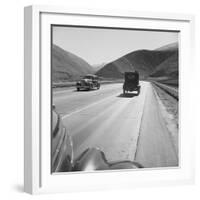 Migrants' Old Car Travels on the Three Lane Highway in California, 1939-null-Framed Photo