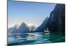 Milford Sound with Cruise Ship during Sunrise during Early Morning-Mantas Volungevicius-Mounted Photographic Print
