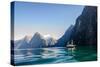 Milford Sound with Cruise Ship during Sunrise during Early Morning-Mantas Volungevicius-Stretched Canvas