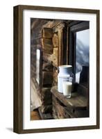 Milk Can and Glass of Milk on Window Sill of Alpine Chalet-Sabine Mader-Framed Photographic Print