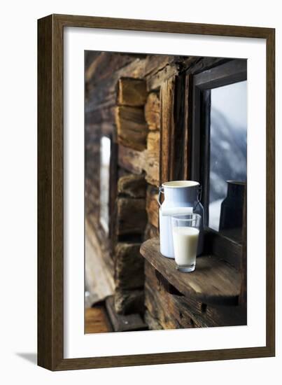 Milk Can and Glass of Milk on Window Sill of Alpine Chalet-Sabine Mader-Framed Photographic Print