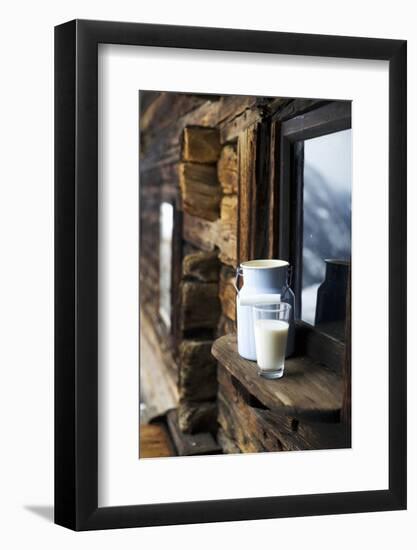 Milk Can and Glass of Milk on Window Sill of Alpine Chalet-Sabine Mader-Framed Photographic Print